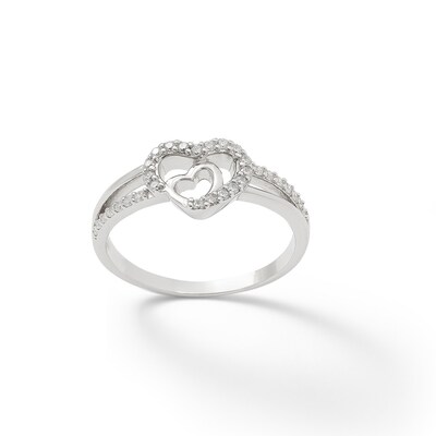 Solid Sterling Silver CZ Double Heart Split Shank Ring