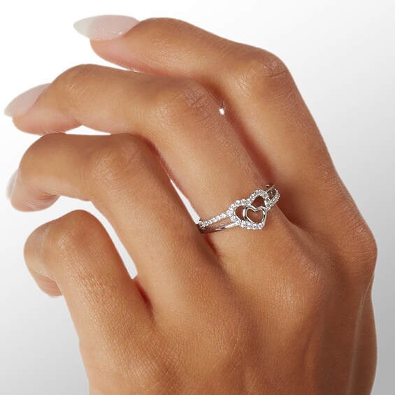 Solid Sterling Silver CZ Double Heart Split Shank Ring