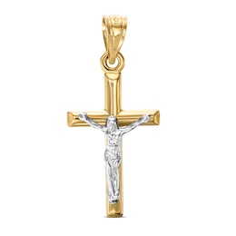 Small Textured Crucifix Two-Tone Necklace Charm in 10K Stamp Hollow Gold