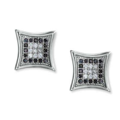 Black and White Cubic Zirconia Concave Square Stud Earrings in Sterling Silver