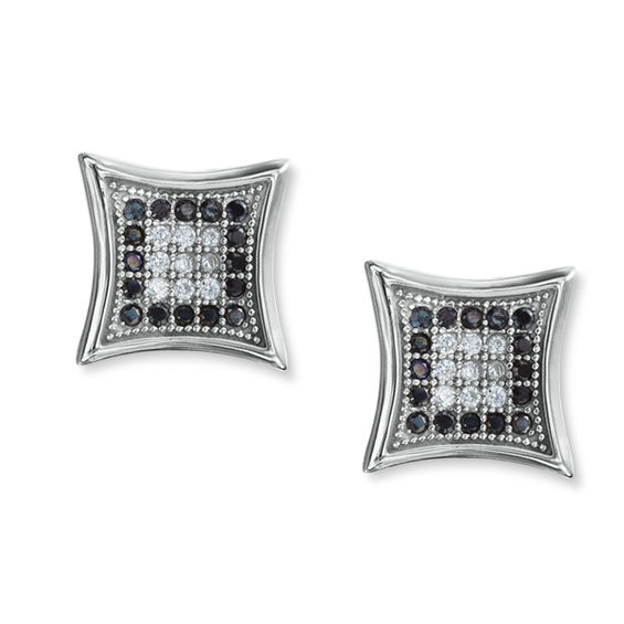 Black and White Cubic Zirconia Concave Square Stud Earrings in Sterling Silver