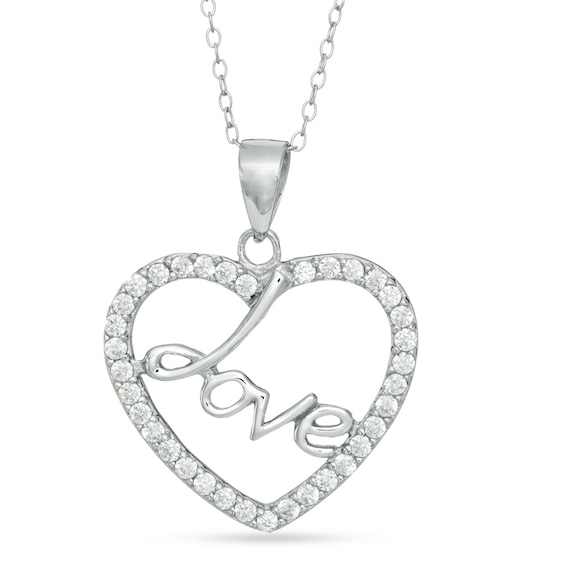 Cubic Zirconia Heart with "Love" Pendant in Sterling Silver