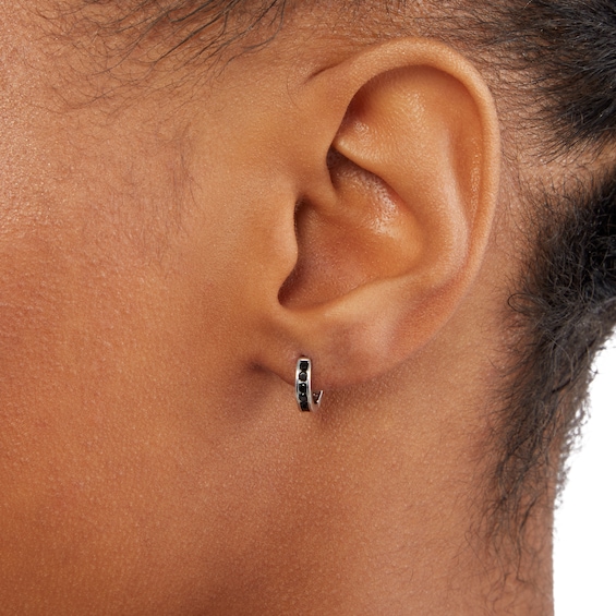 Black Cubic Zirconia Huggie Hoop Earrings in Sterling Silver with Black Rhodium