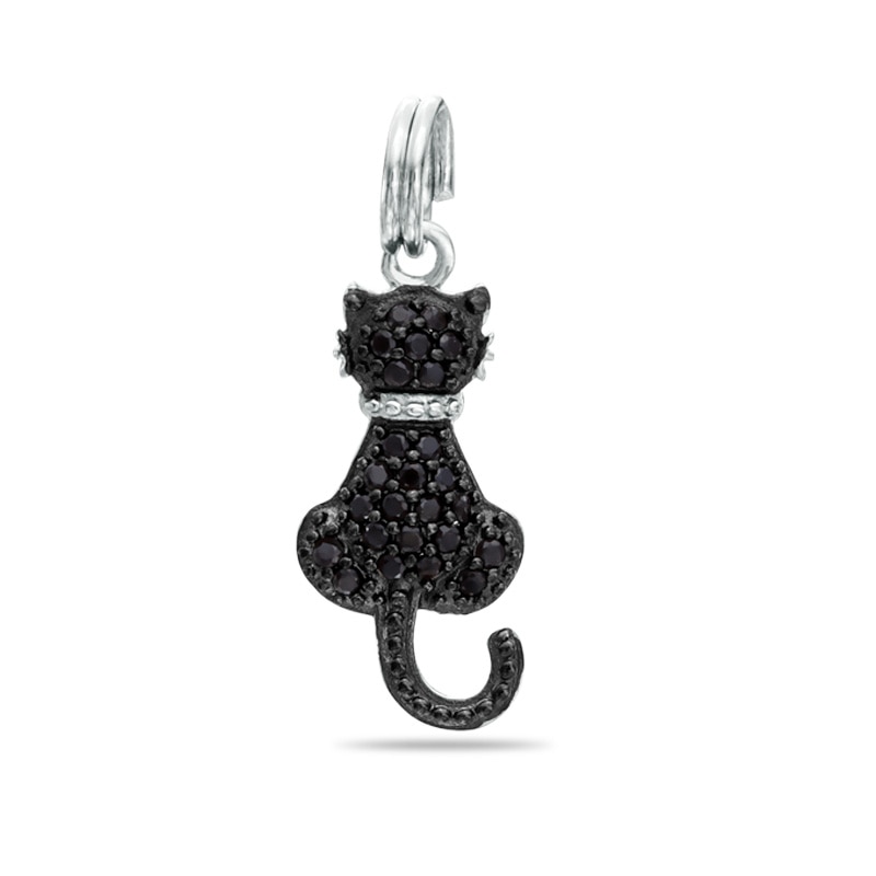 Black Cubic Zirconia and Beaded Cat Dangle Charm in Sterling Silver