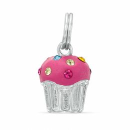 Multi-Color Crystal and Pink Enamel Cupcake Dangle Charm in Sterling Silver