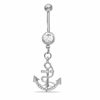 014 Gauge Anchor Dangle Belly Button Ring with Crystal in Stainless Steel
