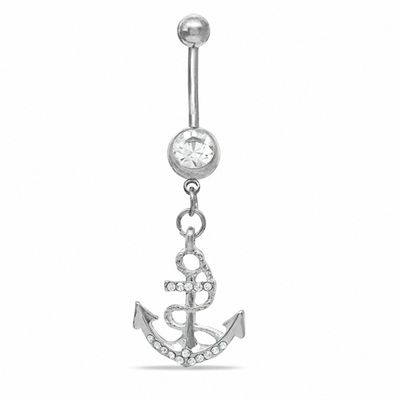 014 Gauge Anchor Dangle Belly Button Ring with Crystal in Stainless Steel