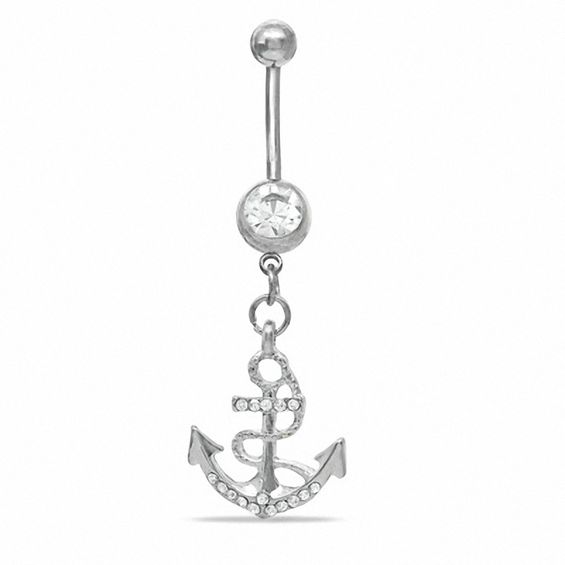 014 Gauge Anchor Dangle Belly Button Ring with Crystal in Stainless Steel
