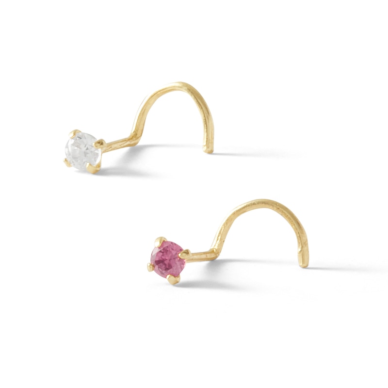 14K Semi-Solid Gold CZ Screw Nose Stud Set - 22G