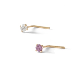 14K Solid Gold CZ White and Purple L-Shaped Nose Stud Set - 22G