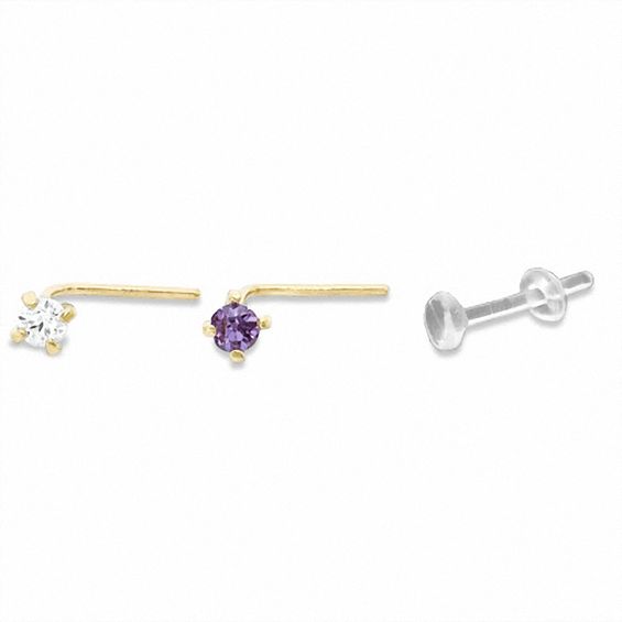 14K Solid Gold CZ White and Purple L-Shaped Nose Stud Set