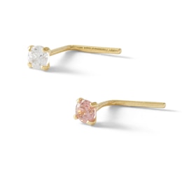 14K Semi-Solid Gold CZ Pink and White L-Shaped Nose Stud Set - 22G