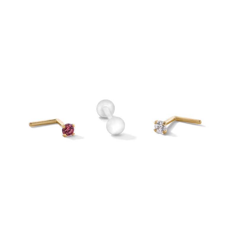 14K Semi-Solid Gold CZ Pink and White L-Shaped Nose Stud Set - 22G