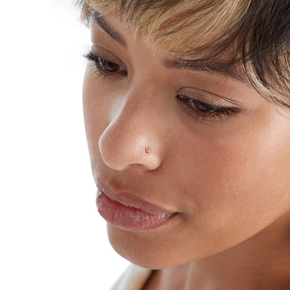 14K Semi-Solid Gold CZ Pink and White L-Shaped Nose Stud Set - 22G
