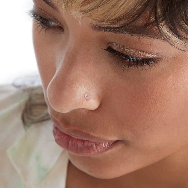 Main Image 4 of 14K Semi-Solid Gold CZ Pink and White L-Shaped Nose Stud Set - 22G