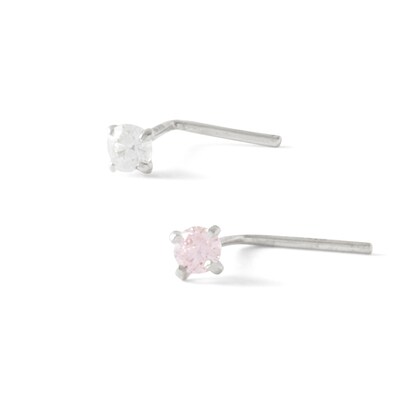 14K Semi-Solid White Gold CZ L-Shaped Nose Stud Set - 22G