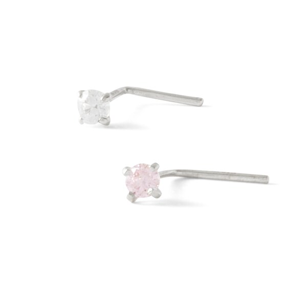 14K Semi-Solid White Gold CZ L-Shaped Nose Stud Set - 22G