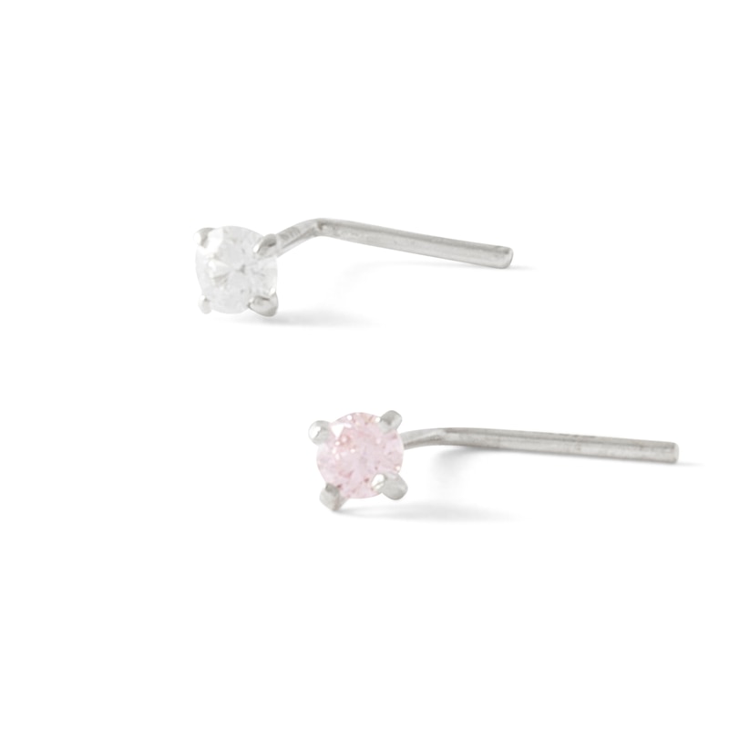 14K Semi-Solid White Gold CZ L-Shaped Nose Stud Set - 22G