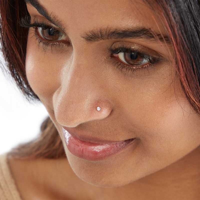 Main Image 3 of 14K Semi-Solid White Gold CZ L-Shaped Nose Stud Set - 22G