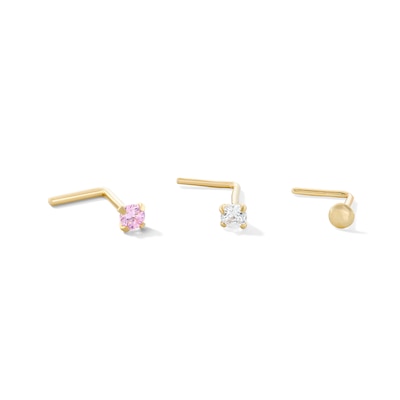 14K Semi-Solid Gold CZ Pink and White Nose Stud Set - 22G