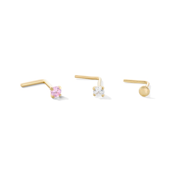 14K Semi-Solid Gold CZ Pink and White Nose Stud Set - 22G