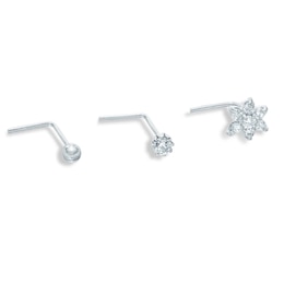 018 Gauge Nose Stud Set with Cubic Zirconia in Solid 10K White Gold