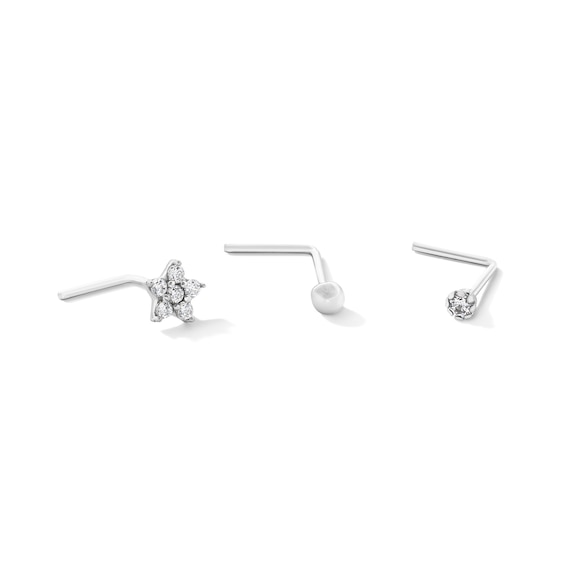 10K Solid White Gold CZ L-Shaped Nose Stud Set - 18G