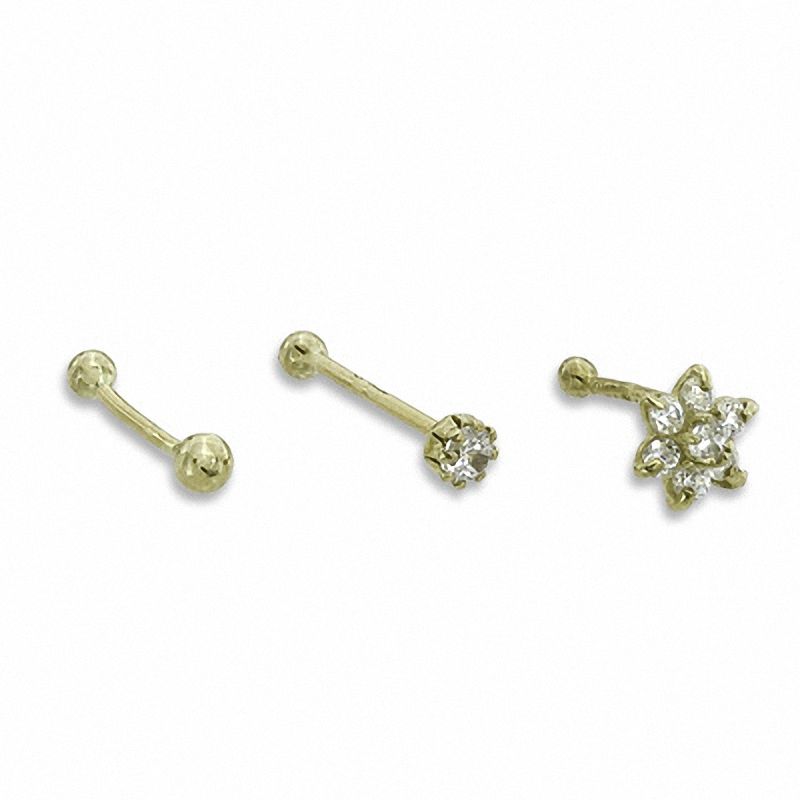 10K Solid Gold CZ Bone-Style Nose Stud Set - 18G