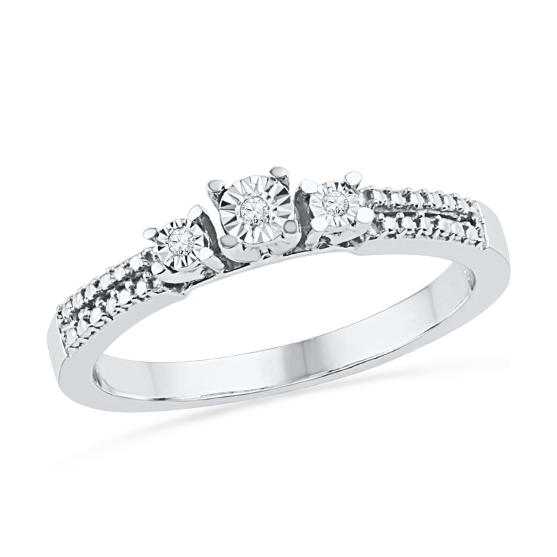 Diamond Accent Beaded Three Stone Double Row Promise Ring in Sterling Silver
