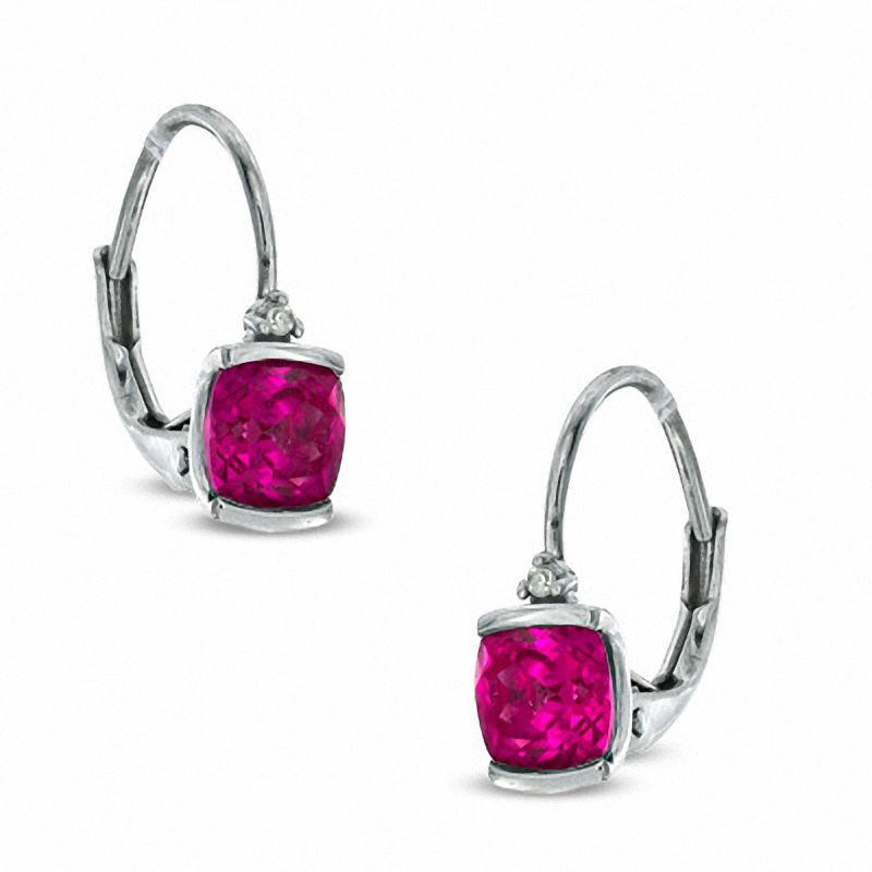 Main Image 1 of 5mm Cushion-Cut Lab-Created Ruby and Diamond Accent Drop Earrings in Sterling Silver