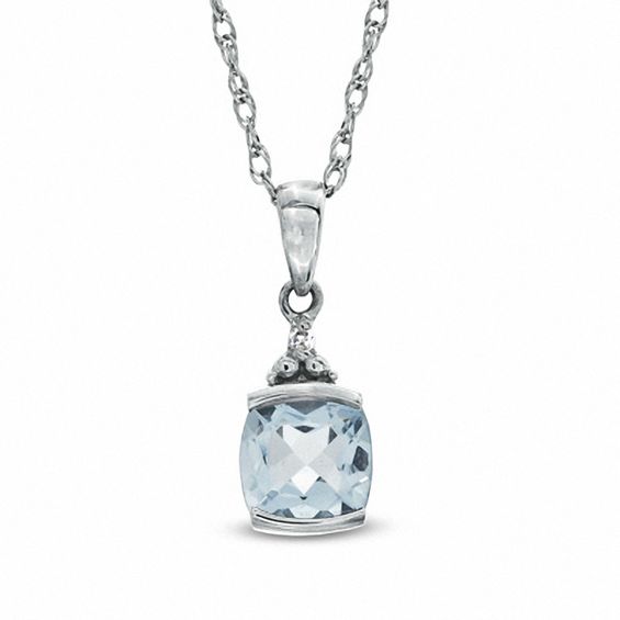 6mm Cushion-Cut Aquamarine and Diamond Accent Pendant in Sterling Silver