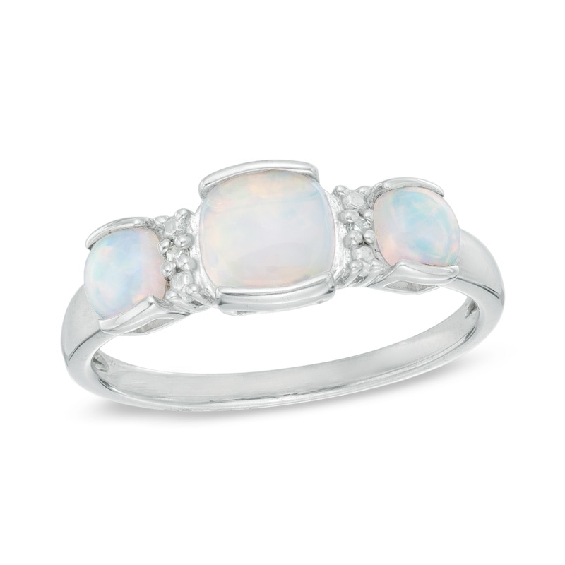 Cushion-Cut Lab-Created Opal and Diamond Accent Three Stone Ring in Sterling Silver - Size 7