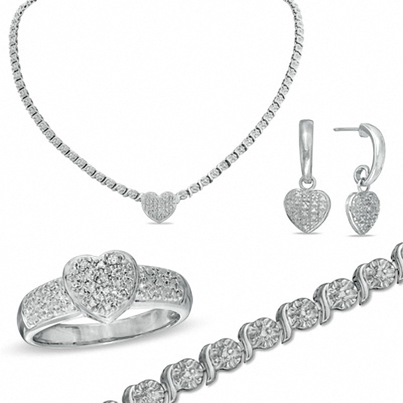Main Image 1 of Diamond Accent Heart Necklace, Bracelet, Ring and Earrings Set in Bronze with Sterling Silver Plate