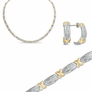 Diamond Accent "X" Collar Necklace, Bracelet and Earrings Set in Bronze and 18K Gold Plate