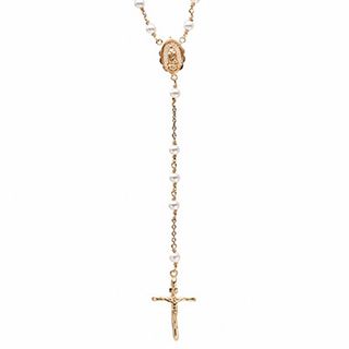 4mm Simulated Pearl Rosary Necklace in Brass with 14K Gold Plate - 26"