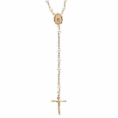 4mm Simulated Pearl Rosary Necklace in Brass with 14K Gold Plate - 26"