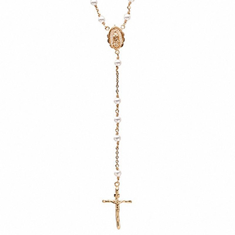 Main Image 1 of 4mm Simulated Pearl Rosary Necklace in Brass with 14K Gold Plate - 26&quot;