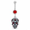 Thumbnail Image 1 of 014 Gauge Floral Sugar Skull Dangle Belly Button Ring with Red Crystal in Stainless Steel