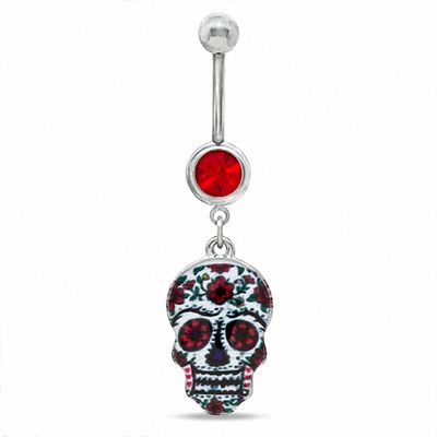 014 Gauge Floral Sugar Skull Dangle Belly Button Ring with Red Crystal in Stainless Steel