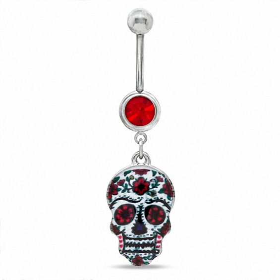 014 Gauge Floral Sugar Skull Dangle Belly Button Ring with Red Crystal in Stainless Steel