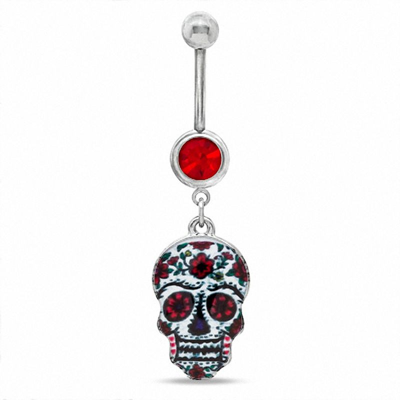 Main Image 1 of 014 Gauge Floral Sugar Skull Dangle Belly Button Ring with Red Crystal in Stainless Steel