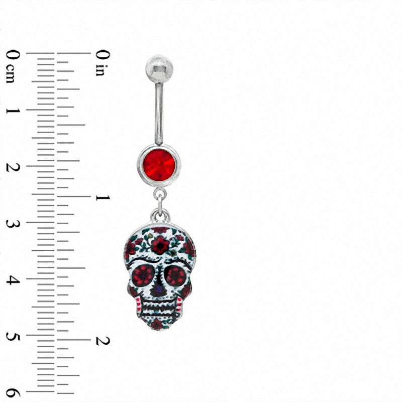 Main Image 2 of 014 Gauge Floral Sugar Skull Dangle Belly Button Ring with Red Crystal in Stainless Steel