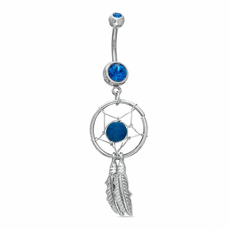Main Image 1 of 014 Gauge Dream Catcher Dangle Belly Button Ring with Blue Cubic Zirconia in Stainless Steel