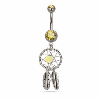 014 Gauge Dream Catcher Dangle Belly Button Ring with Yellow Crystals in Stainless Steel