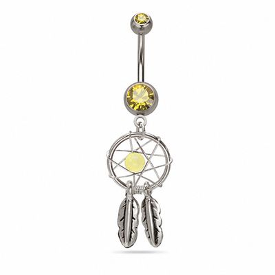 014 Gauge Dream Catcher Dangle Belly Button Ring with Yellow Crystals in Stainless Steel
