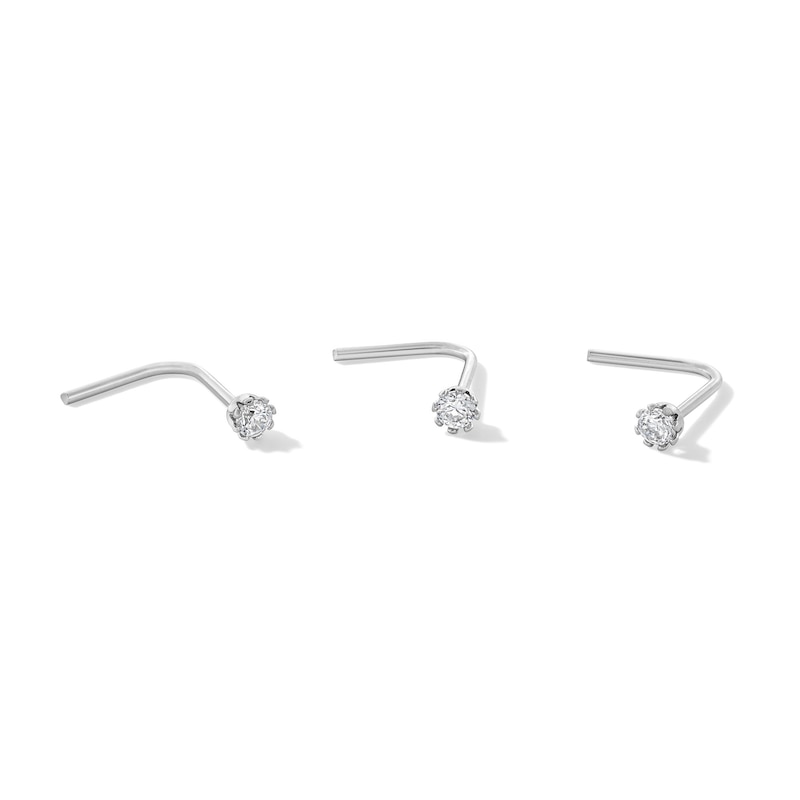 14K Solid White Gold L-Shaped Nose Stud Set - 22G 1/4"