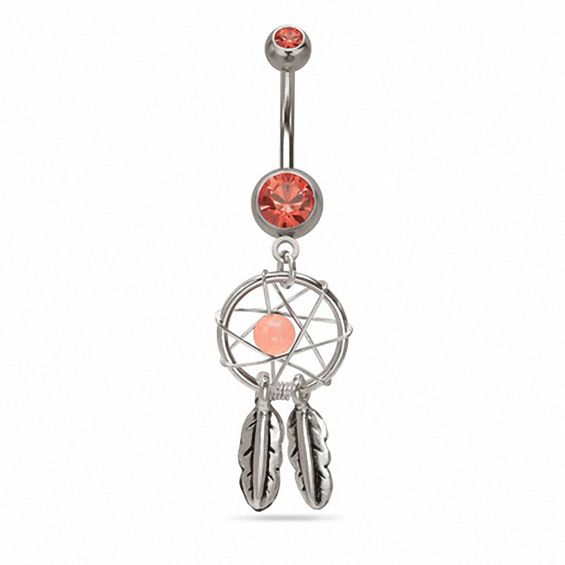 014 Gauge Dream Catcher Dangle Belly Button Ring with Orange Crystals in Stainless Steel