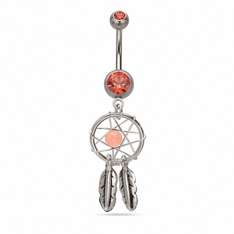 Main Image 1 of 014 Gauge Dream Catcher Dangle Belly Button Ring with Orange Crystals in Stainless Steel