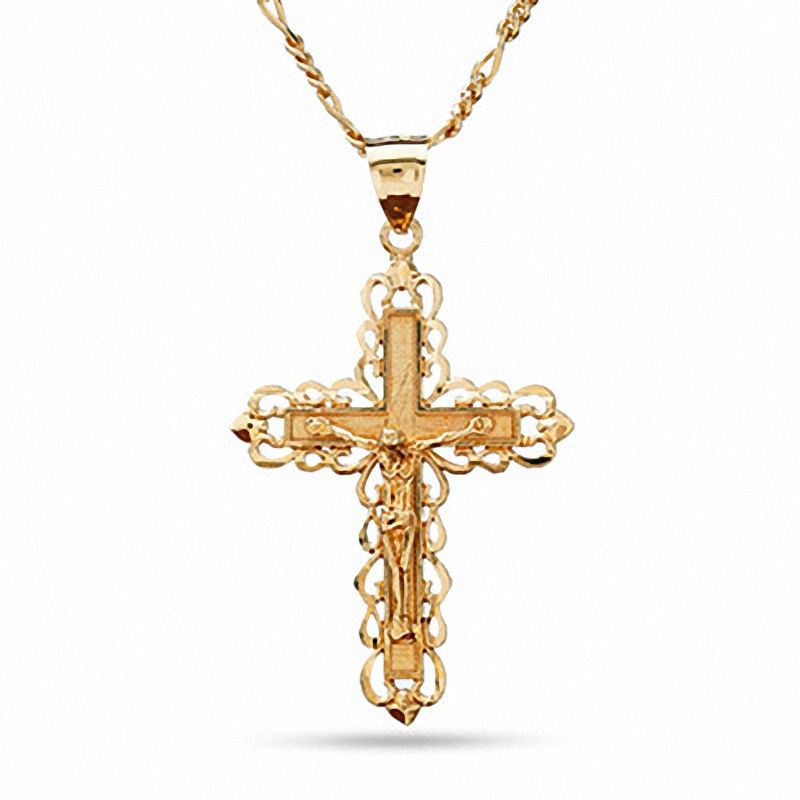 Main Image 1 of Crucifix Pendant in Brass with 14K Gold Plate - 24"