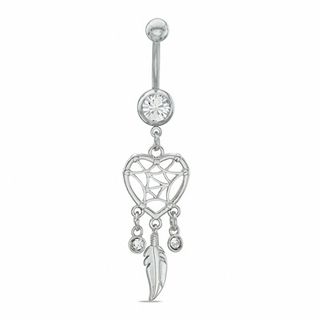 014 Gauge Heart-Shaped Dream Catcher with Feather Dangle Belly Button Ring and Crystal in Stainless Steel
